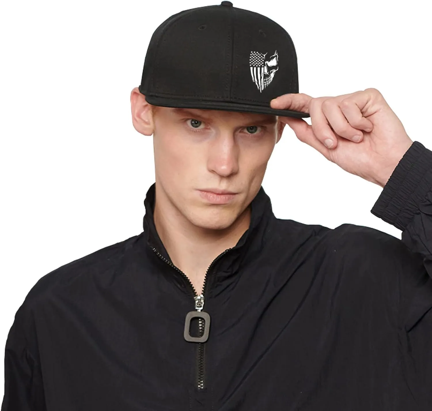 Skull Hat Snapback Hats for Men Boys Skeleton Cap Black Flat Bill Brim Trucker Snap Backpack Hat