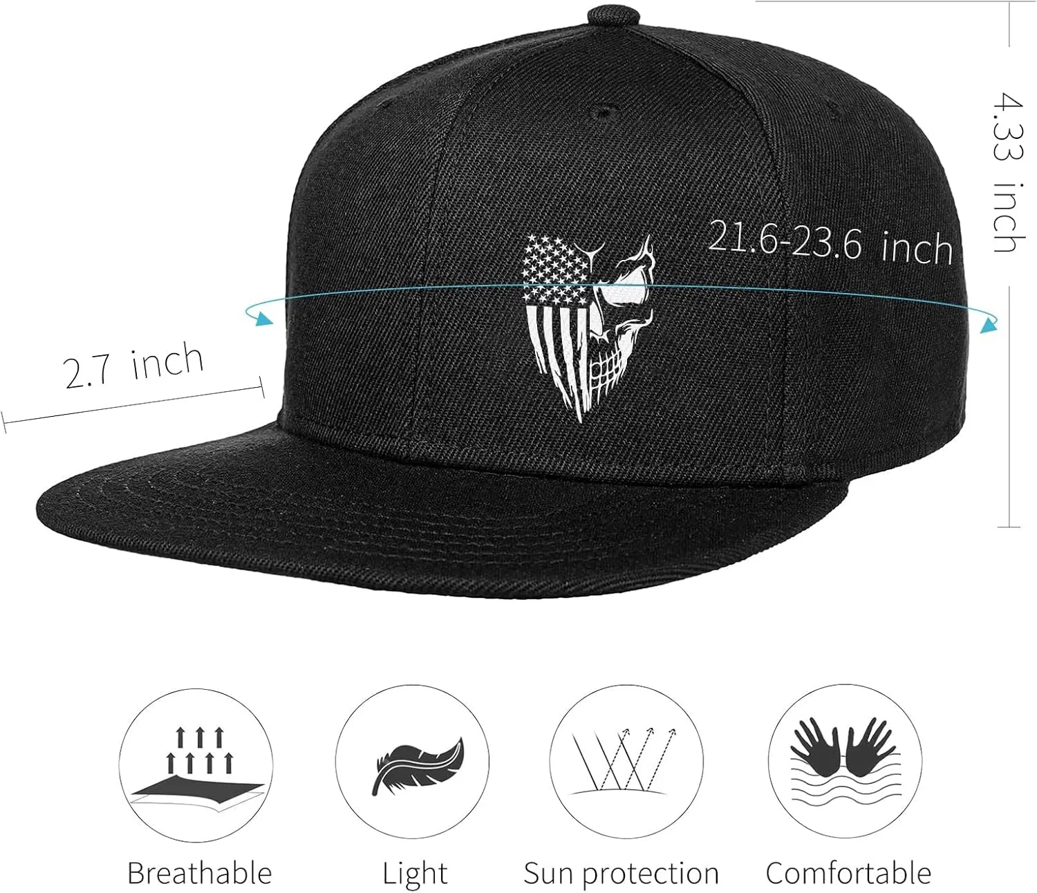 Skull Hat Snapback Hats for Men Boys Skeleton Cap Black Flat Bill Brim Trucker Snap Backpack Hat