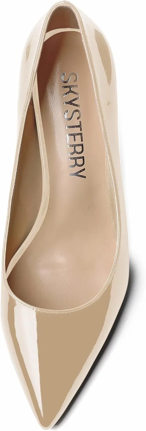SKYSTERRY Women's Slip On Casual Patent Pointed Toe Office Spool High Heel Pumps Shoes 3.3 Inch