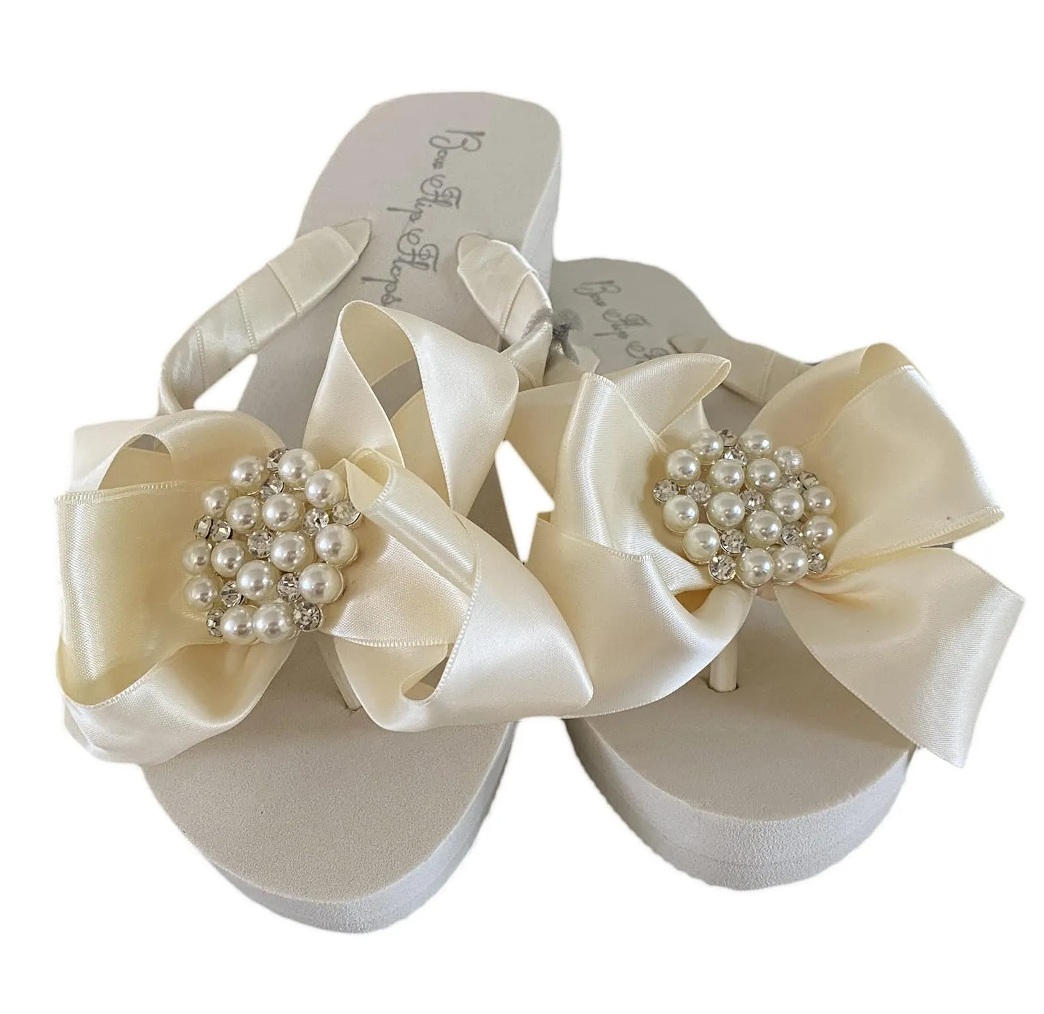 So Cute! Pearl, Rhinestone & Ivory Wedge Flip Flops with Bows