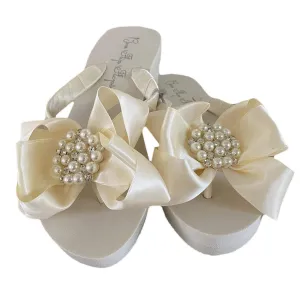 So Cute! Pearl, Rhinestone & Ivory Wedge Flip Flops with Bows