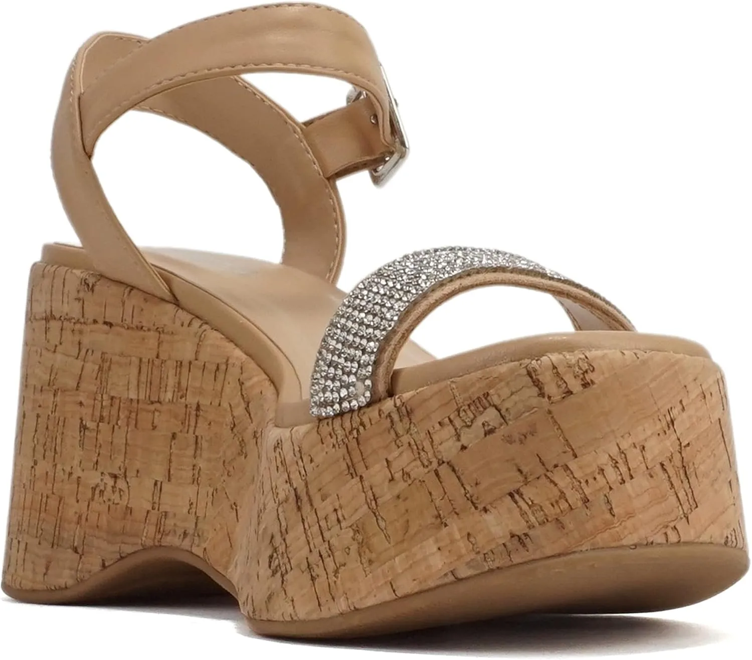 Soda “FRAYA” ~ Women Open Square Toe Platform Flatform Rhinestone Single Band Ankle Strap Wedge Sandal