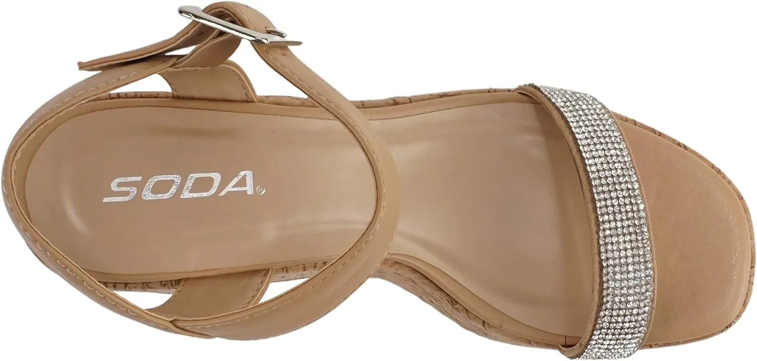 Soda “FRAYA” ~ Women Open Square Toe Platform Flatform Rhinestone Single Band Ankle Strap Wedge Sandal