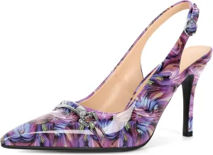 Soireelady Women's Slingback Heels Pointed Toe Stilettos High Heel Pumps Silver Buckle Strap Fashion Shoes 3.5 Inches