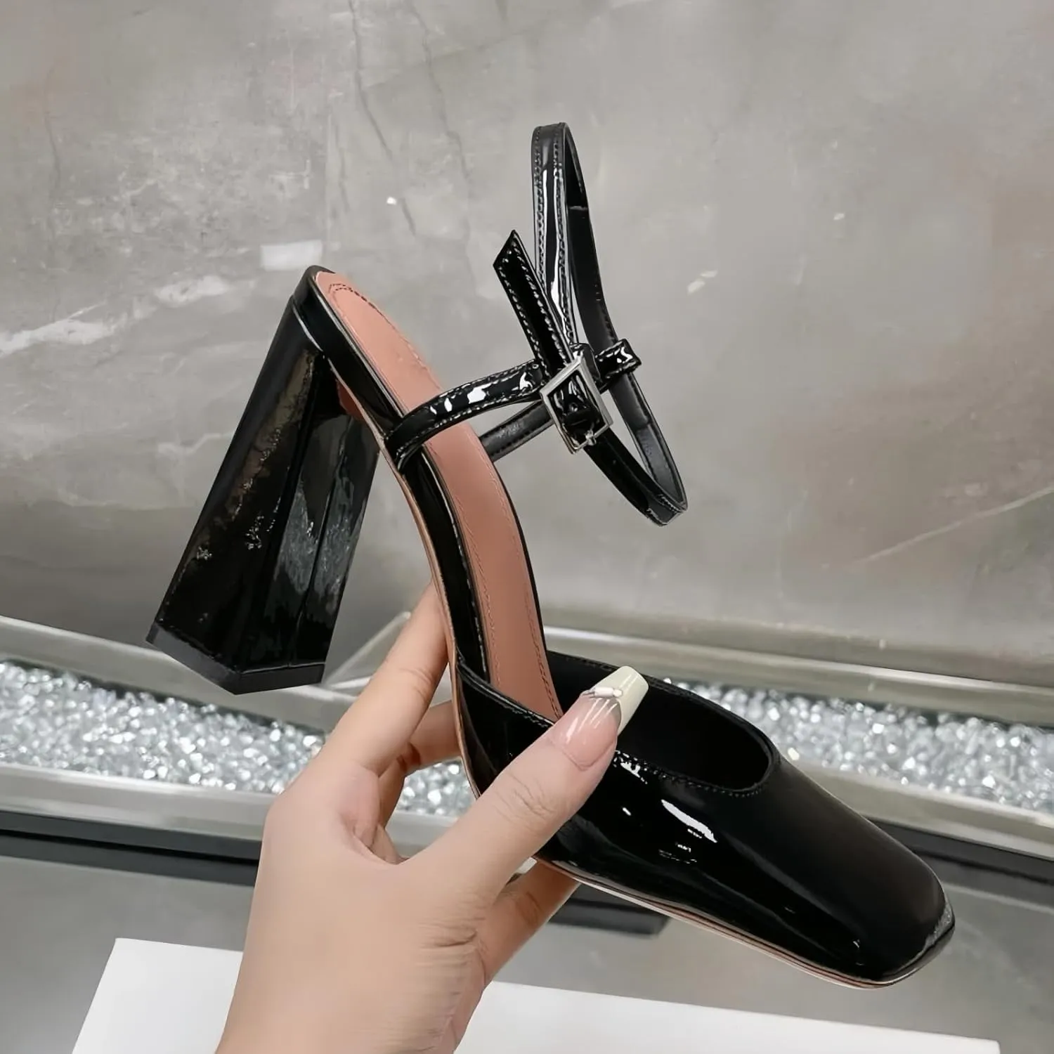 Square Closed Toe Satin Pumps Shoes for Women,Chunky High Heel Adjustable Buckle Block with Ankle Strap Heel Sandals Slip On Mary Janes Pumps Fashion Dress Office Evening Party Bride Wedding Shoes