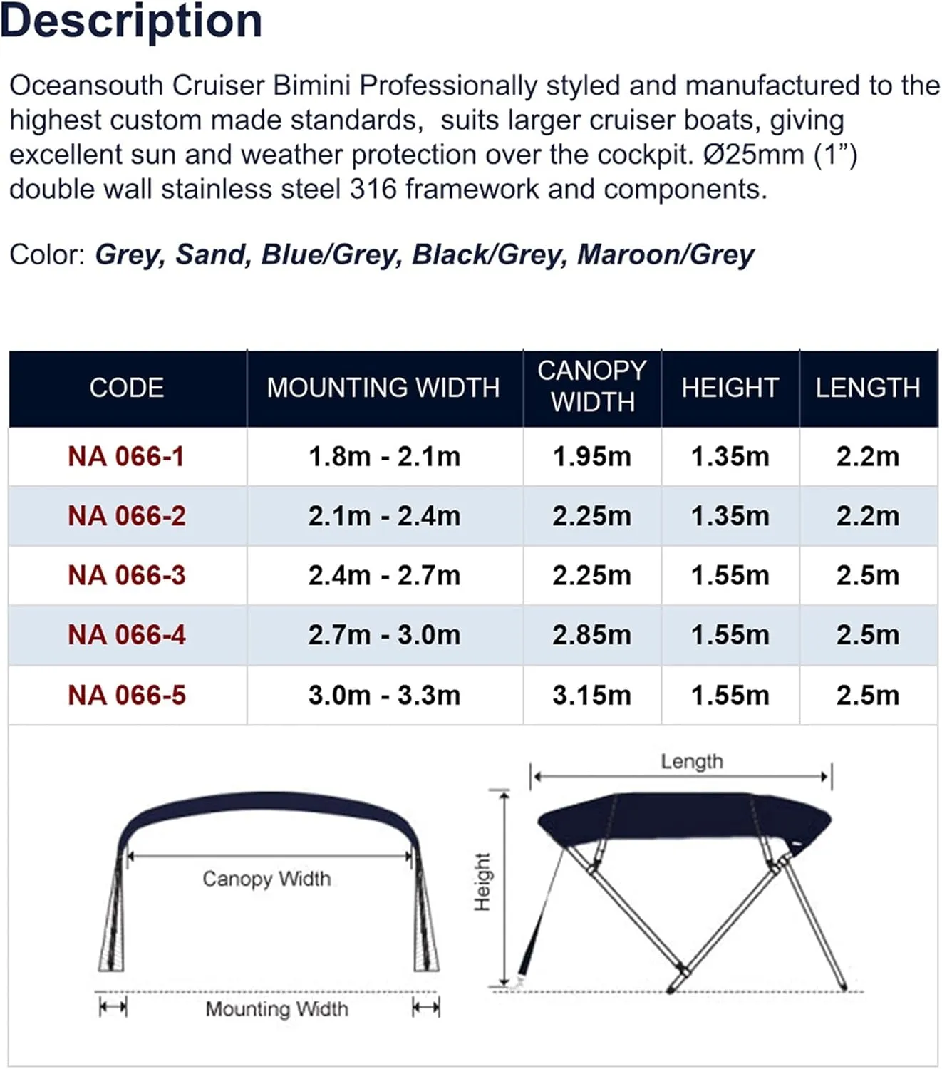 Stainless Steel cruiserr Biminii 25mm Tube Heavy-Duty Boat-Cover Top Canopy Water Sun Proof UV Protection Black (Color : 2.7m 3.0m Black)