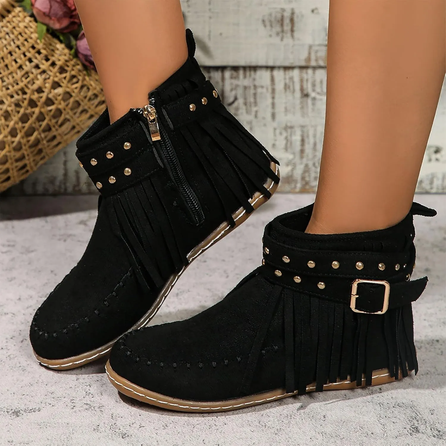 Suede Cowboy Boots Women Short Western Boots Suede Fringe Boots Flat Moccasin Boots Tassel Boots Hippie Boots