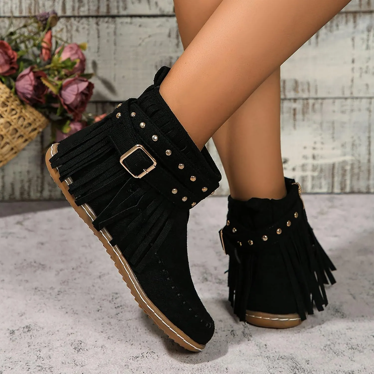 Suede Cowboy Boots Women Short Western Boots Suede Fringe Boots Flat Moccasin Boots Tassel Boots Hippie Boots