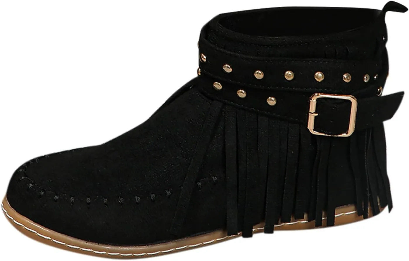 Suede Cowboy Boots Women Short Western Boots Suede Fringe Boots Flat Moccasin Boots Tassel Boots Hippie Boots