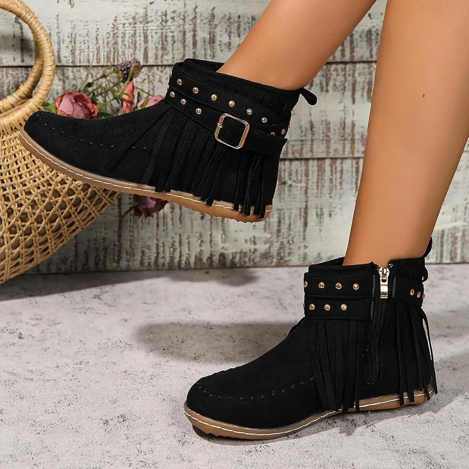Suede Cowboy Boots Women Short Western Boots Suede Fringe Boots Flat Moccasin Boots Tassel Boots Hippie Boots