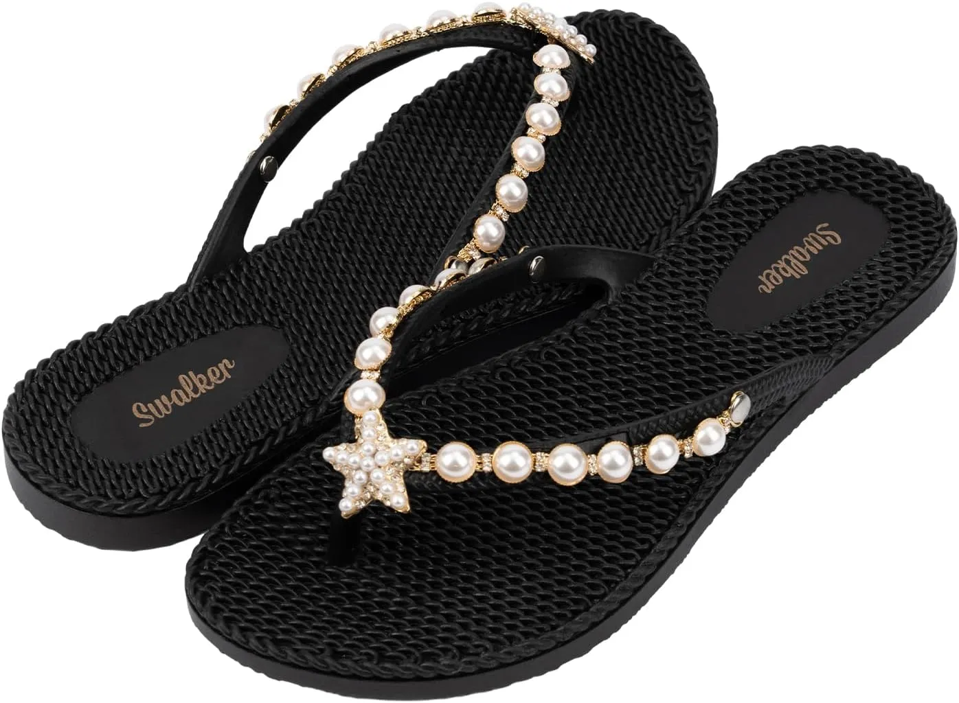 Swalker Woman's Sandal Flip Flop With Rhinestone in Recyclable Rubber Sole, Crystal Thong