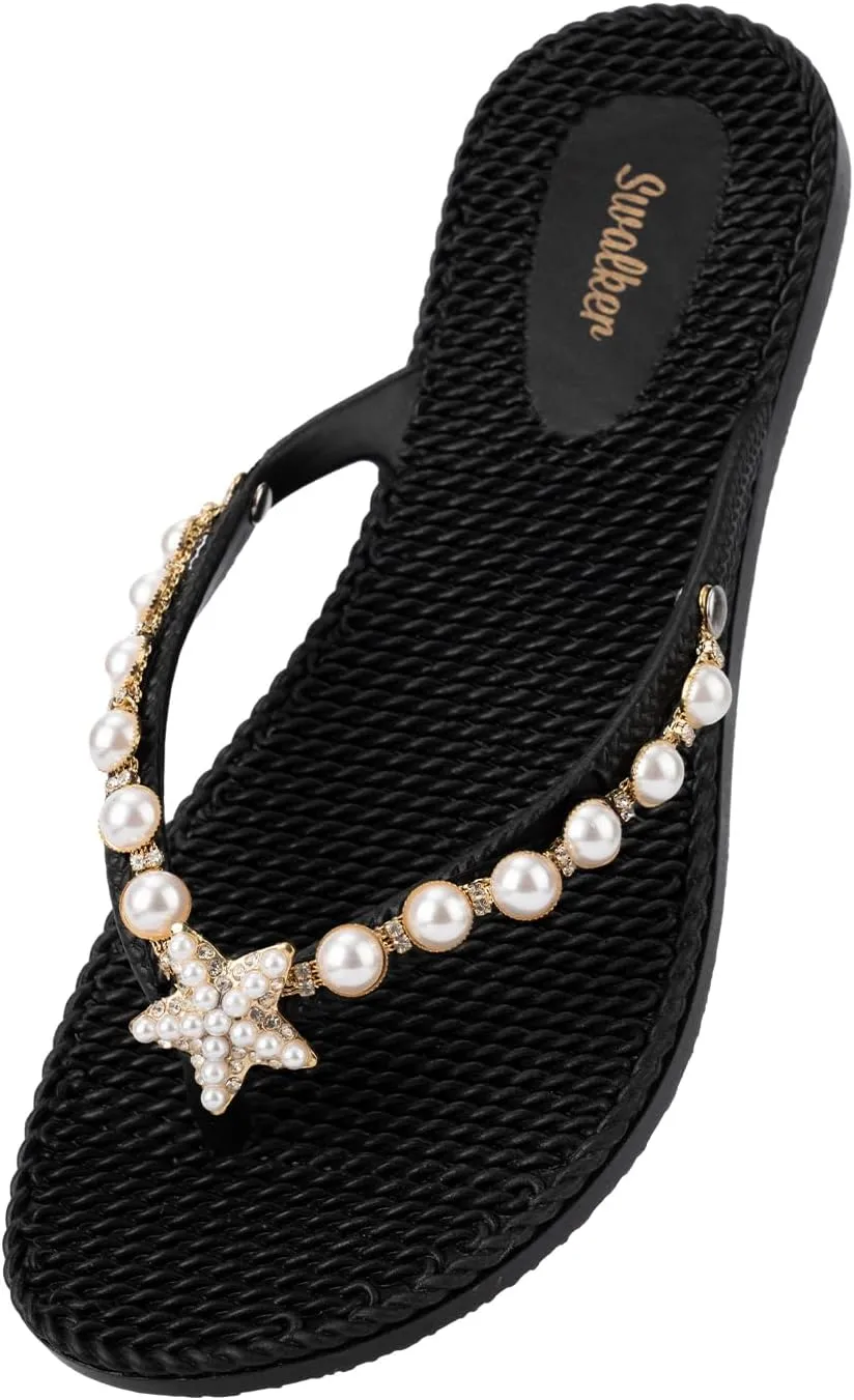 Swalker Woman's Sandal Flip Flop With Rhinestone in Recyclable Rubber Sole, Crystal Thong