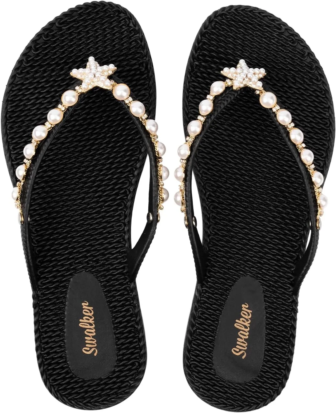 Swalker Woman's Sandal Flip Flop With Rhinestone in Recyclable Rubber Sole, Crystal Thong
