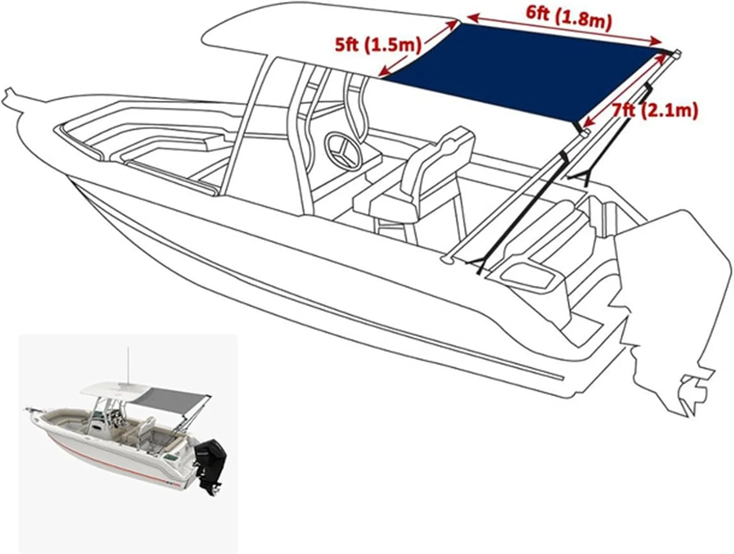 T-Top Boat Shade Stern Shade Extension Kit Stainless Still Boat-Cover Shade Top Canopy Water Sun Proof UV Protection (Color : 1.8x2.1x1.5m Blue)