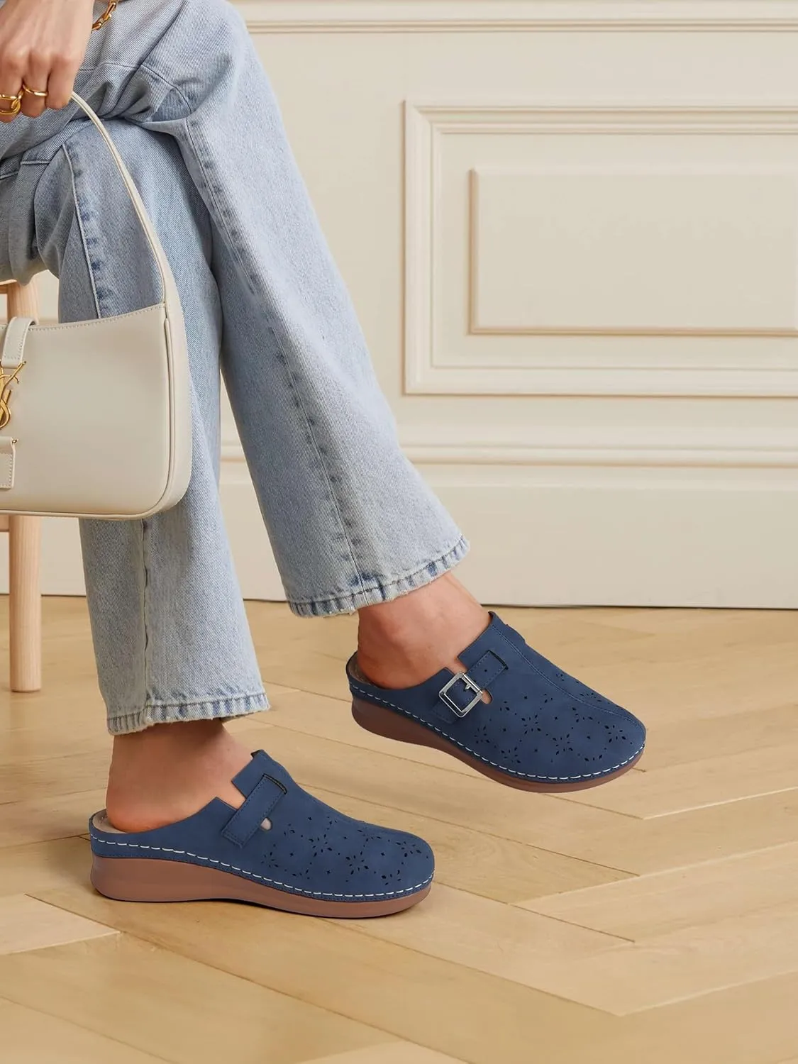 TEMOFON Clogs for Women Mules Shoes: Comfortable Arch Support Closed Toe Sandals Backless Low Wedge Slip on Shoes