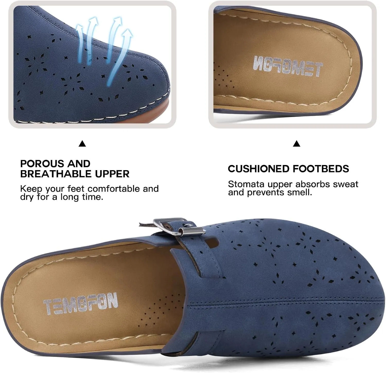 TEMOFON Clogs for Women Mules Shoes: Comfortable Arch Support Closed Toe Sandals Backless Low Wedge Slip on Shoes