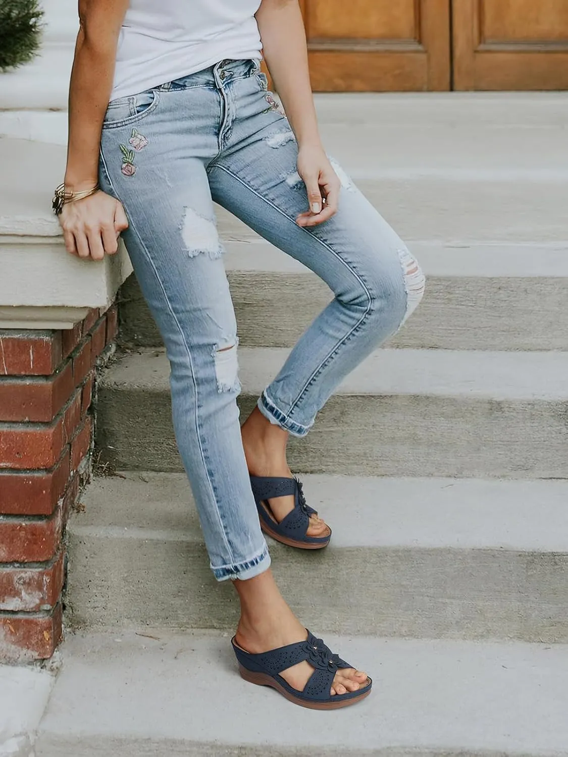 TEMOFON Womens Wedge Sandals Leather: Dressy Sandal, Rubber Sole, Comfortable Walking, Casual Slip on Summer Shoes, Size 5-11