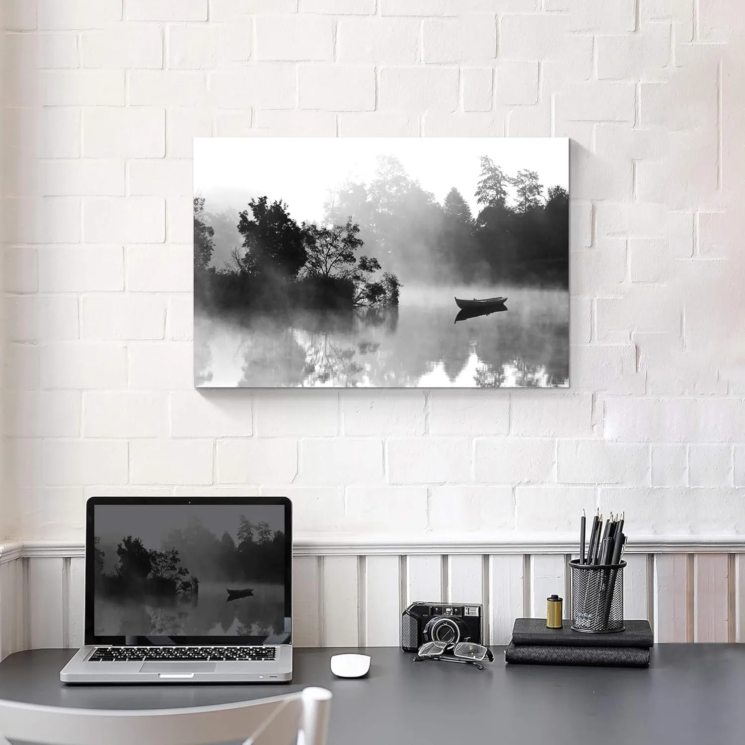 the stream design Canvas Lake Wall Art Decor: Nature Landscape Picture Foggy Forest Water Scenery Print Calming Black Boat Painting Living Room Bedroom Artwork for Home Office