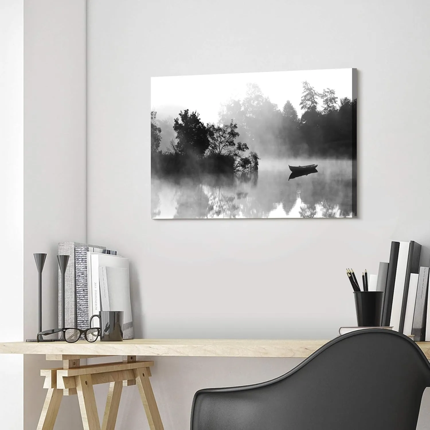 the stream design Canvas Lake Wall Art Decor: Nature Landscape Picture Foggy Forest Water Scenery Print Calming Black Boat Painting Living Room Bedroom Artwork for Home Office