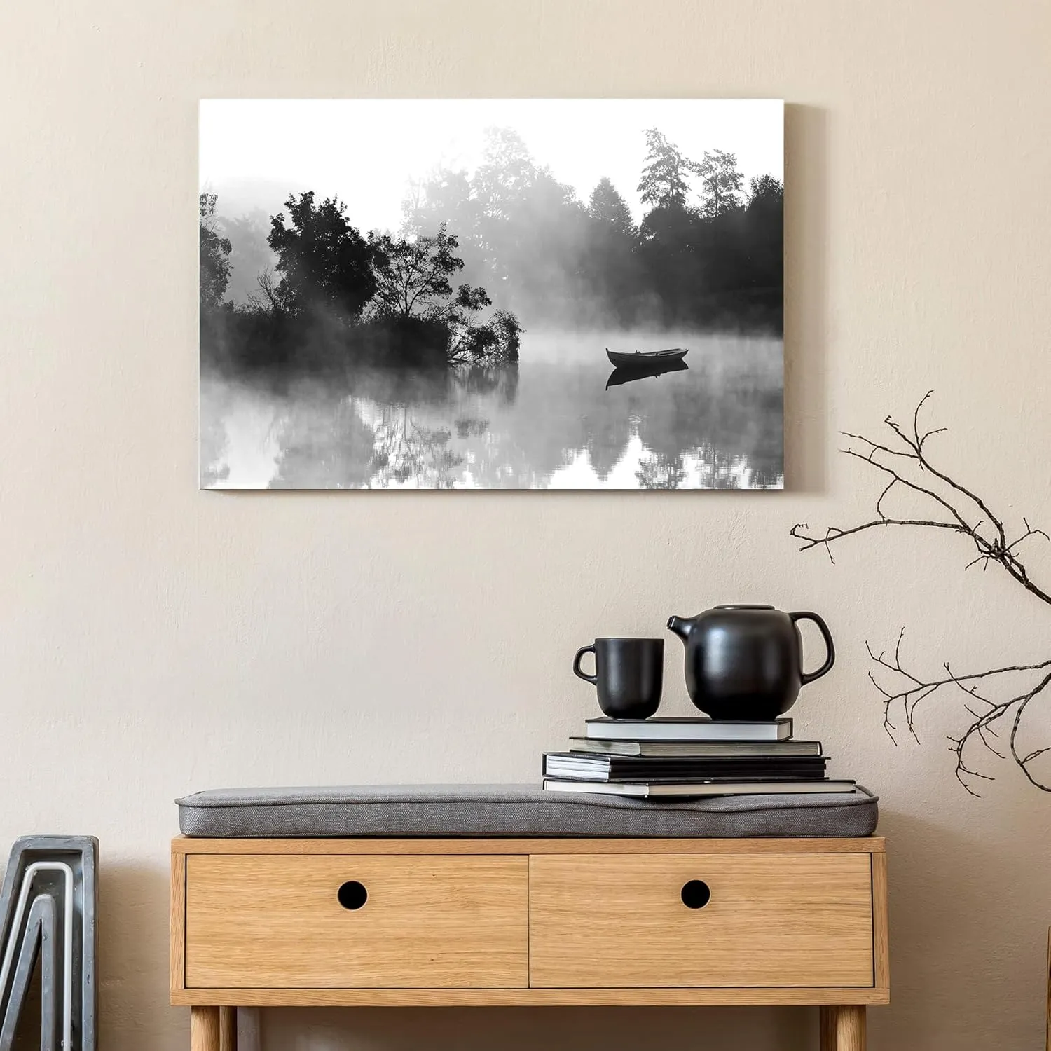 the stream design Canvas Lake Wall Art Decor: Nature Landscape Picture Foggy Forest Water Scenery Print Calming Black Boat Painting Living Room Bedroom Artwork for Home Office