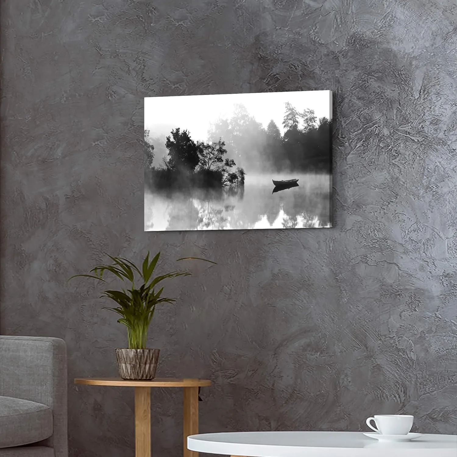 the stream design Canvas Lake Wall Art Decor: Nature Landscape Picture Foggy Forest Water Scenery Print Calming Black Boat Painting Living Room Bedroom Artwork for Home Office