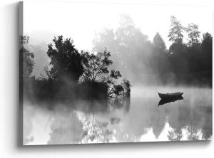 the stream design Canvas Lake Wall Art Decor: Nature Landscape Picture Foggy Forest Water Scenery Print Calming Black Boat Painting Living Room Bedroom Artwork for Home Office