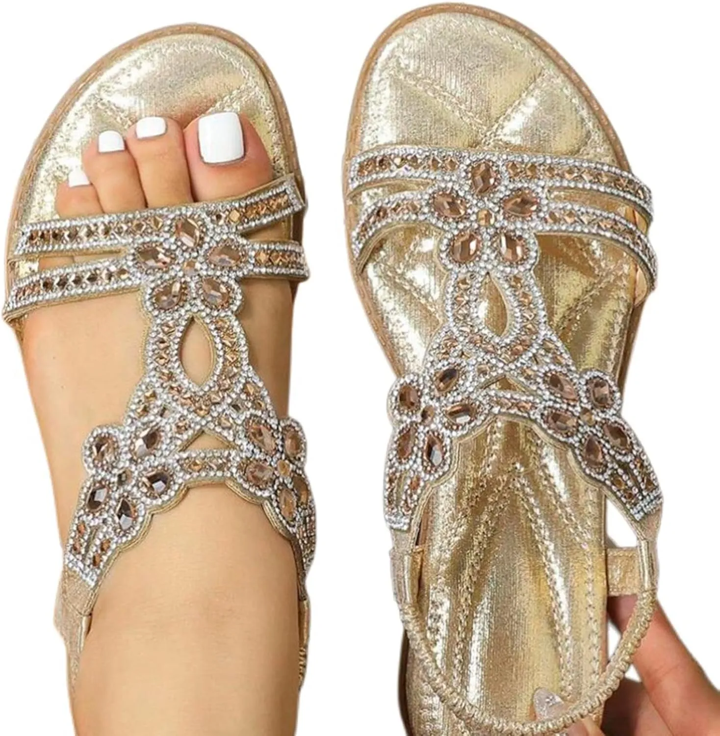 Thong Sandals for Women Rhinestones Elastic T Strap Flip Flops Flats Ladies Boho Summer Low Heel Casual Flat Shoes Bohemian 2025 Rhinestone T-Strap Wedding Dressy Comfortable Glitter Slides