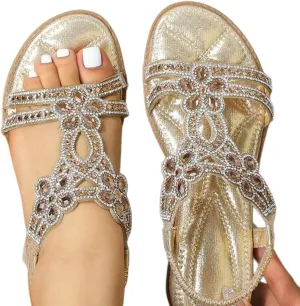 Thong Sandals for Women Rhinestones Elastic T Strap Flip Flops Flats Ladies Boho Summer Low Heel Casual Flat Shoes Bohemian 2025 Rhinestone T-Strap Wedding Dressy Comfortable Glitter Slides