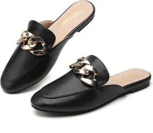 Tilocow Metal Chain Decor Flat Mules for Women Closed Round Toe Slip on Loafers Slides Backless Mules Flats