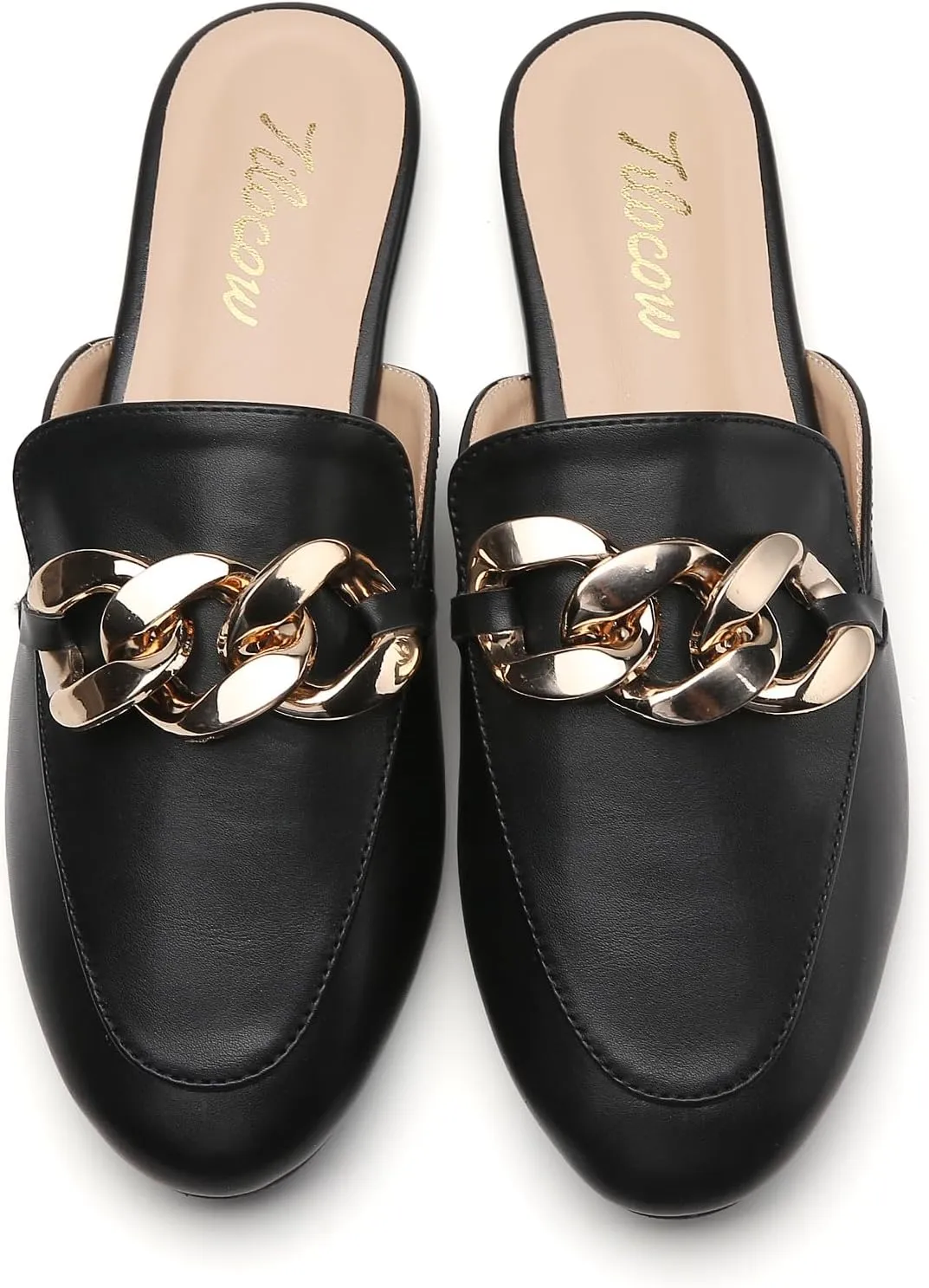 Tilocow Metal Chain Decor Flat Mules for Women Closed Round Toe Slip on Loafers Slides Backless Mules Flats