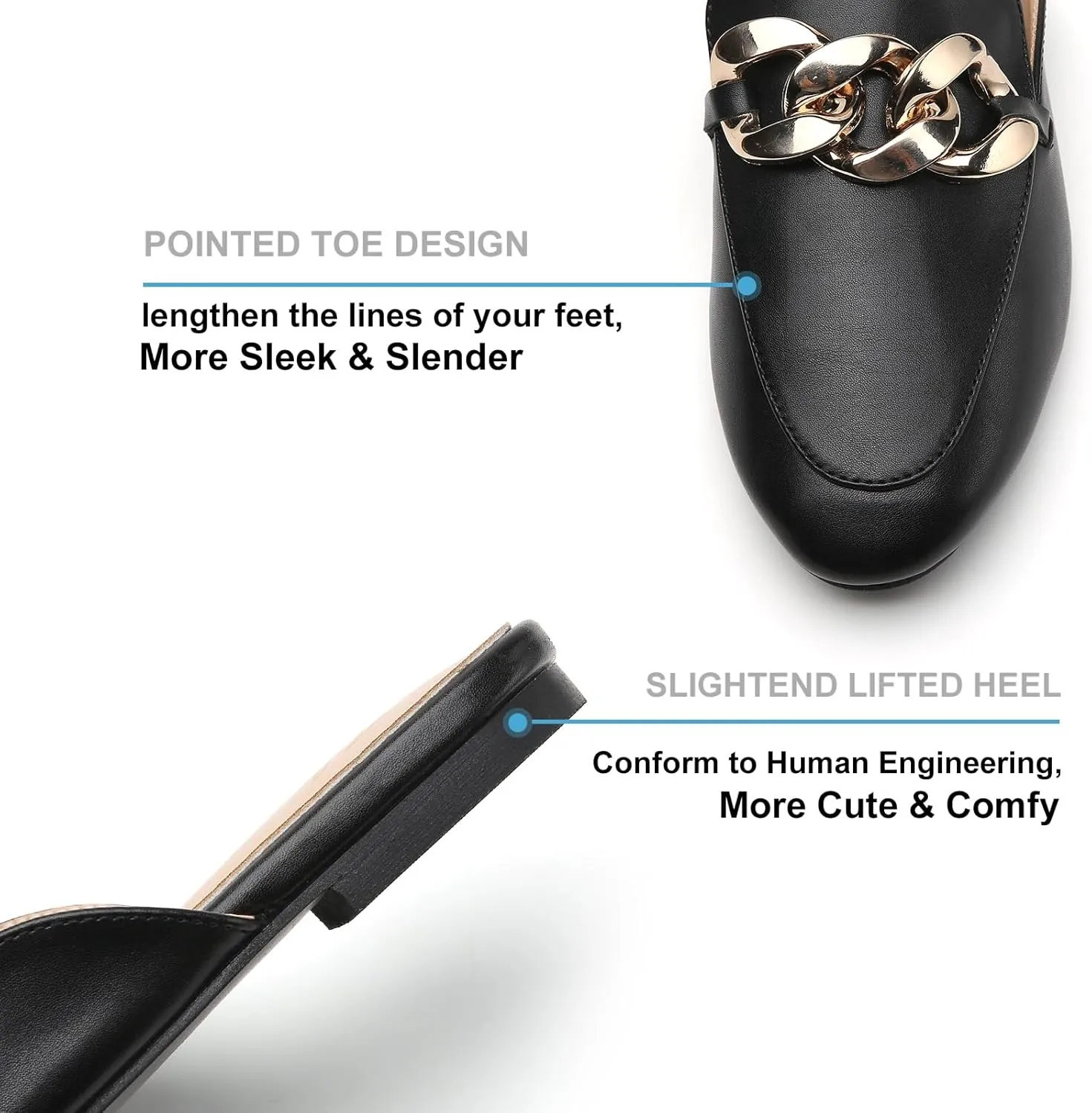 Tilocow Metal Chain Decor Flat Mules for Women Closed Round Toe Slip on Loafers Slides Backless Mules Flats