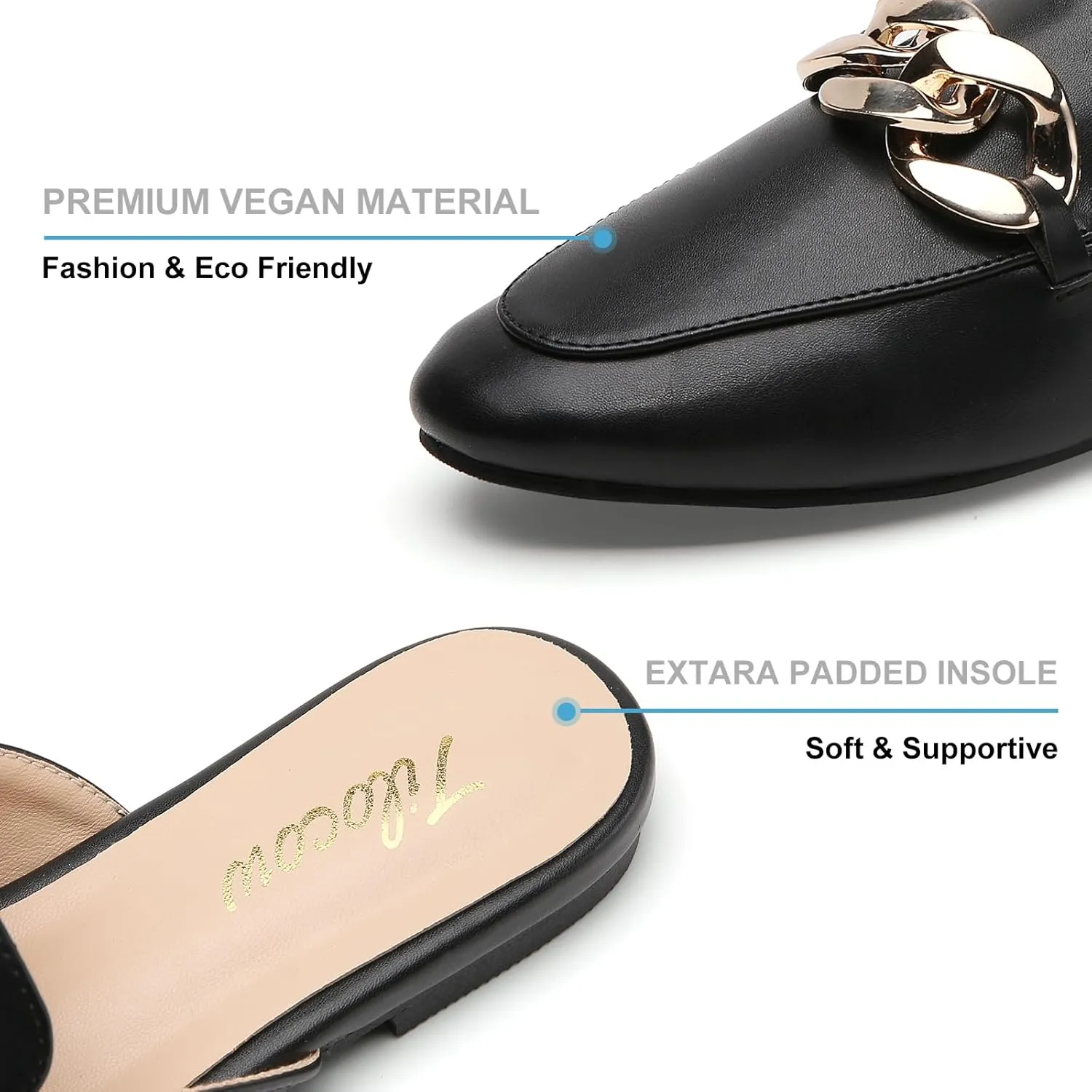 Tilocow Metal Chain Decor Flat Mules for Women Closed Round Toe Slip on Loafers Slides Backless Mules Flats