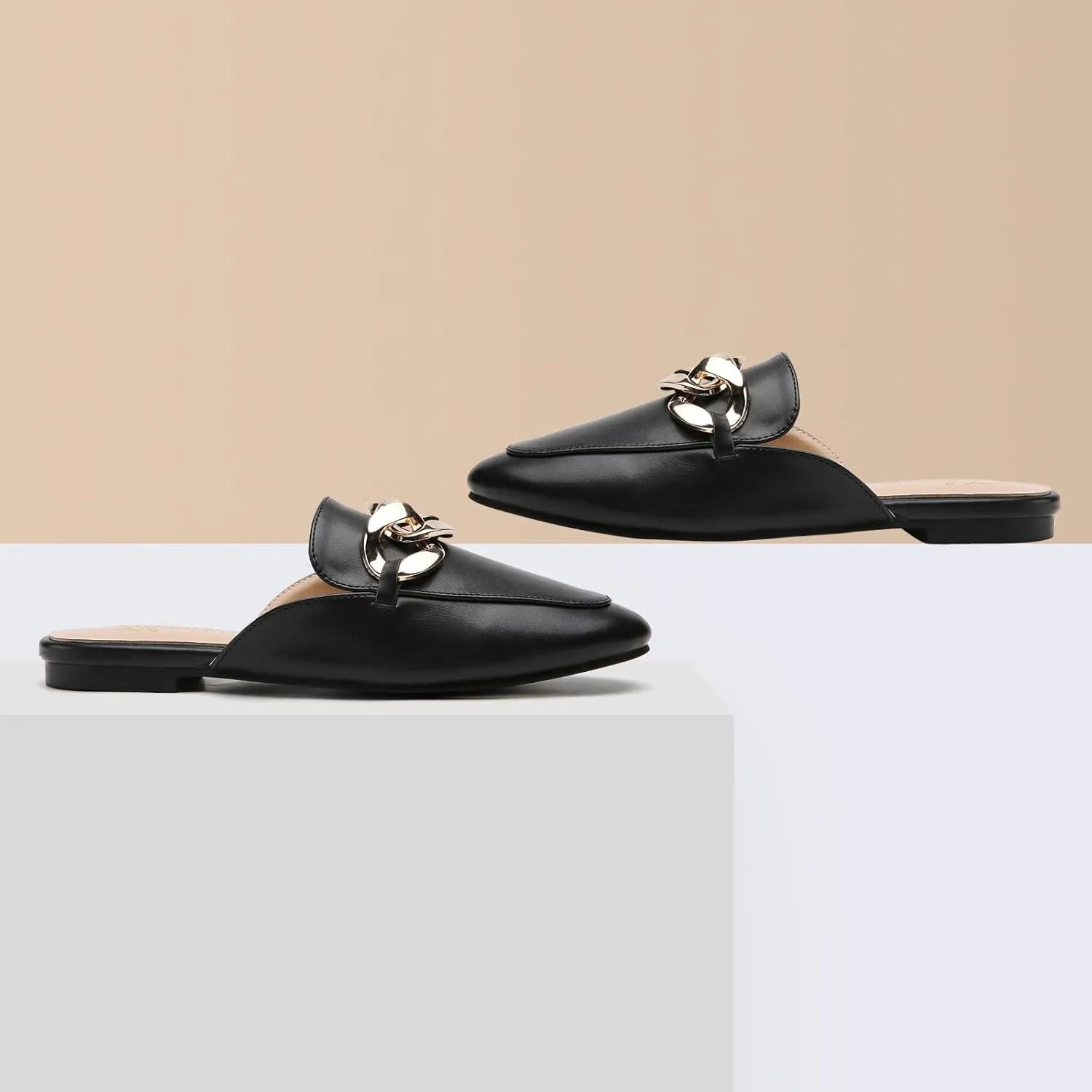 Tilocow Metal Chain Decor Flat Mules for Women Closed Round Toe Slip on Loafers Slides Backless Mules Flats
