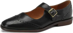 TinaCus Genuine Leather Handmade Round Toe Strap Buckle Women's Retro Flat Shoes