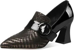 TinaCus Patent and Genuine Leather Women's Handmade Pointed Toe Modern Buckle Decor Mid Spool Heel Slip On Pump Shoes