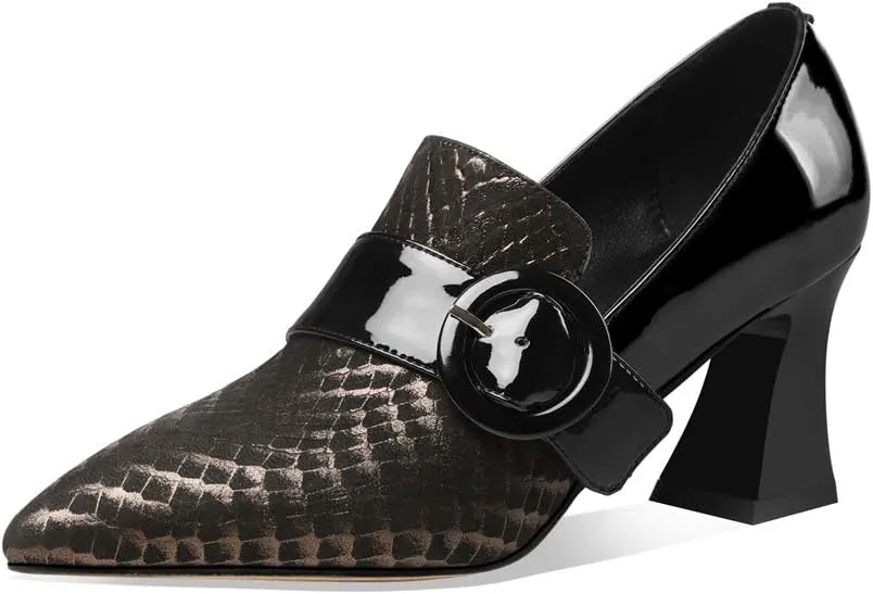 TinaCus Patent and Genuine Leather Women's Handmade Pointed Toe Modern Buckle Decor Mid Spool Heel Slip On Pump Shoes