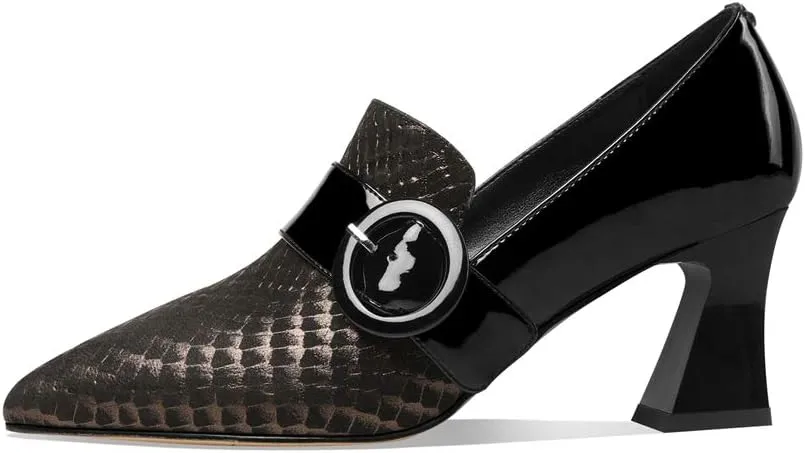 TinaCus Patent and Genuine Leather Women's Handmade Pointed Toe Modern Buckle Decor Mid Spool Heel Slip On Pump Shoes