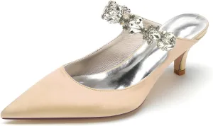 TNXZ Women Kitten Low Heel Pointed Toe Sandals Mules Shoes Satin Slingback Slip-on Pumps 2.5 Inches Heels Party Dress