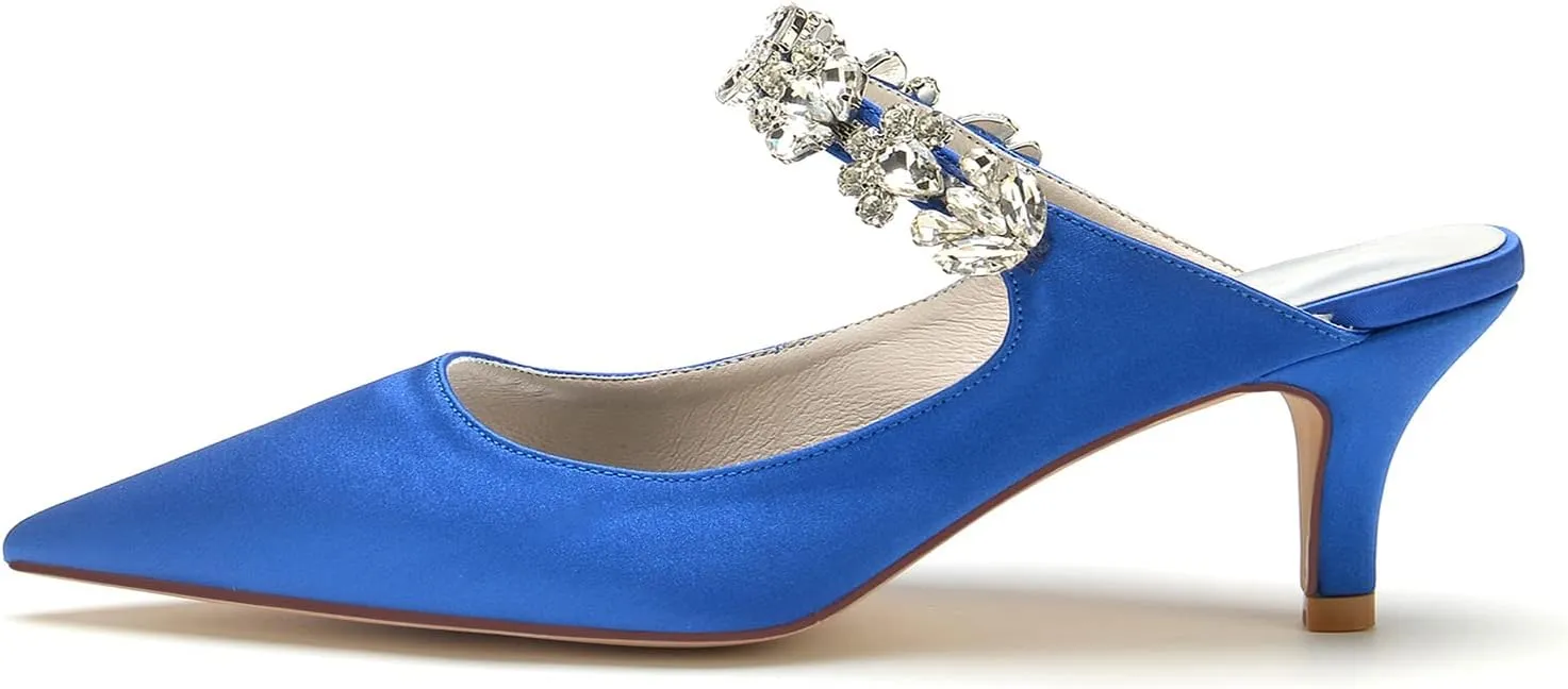 TNXZ Women Kitten Low Heel Pointed Toe Sandals Mules Shoes Satin Slingback Slip-on Pumps 2.5 Inches Heels Party Dress