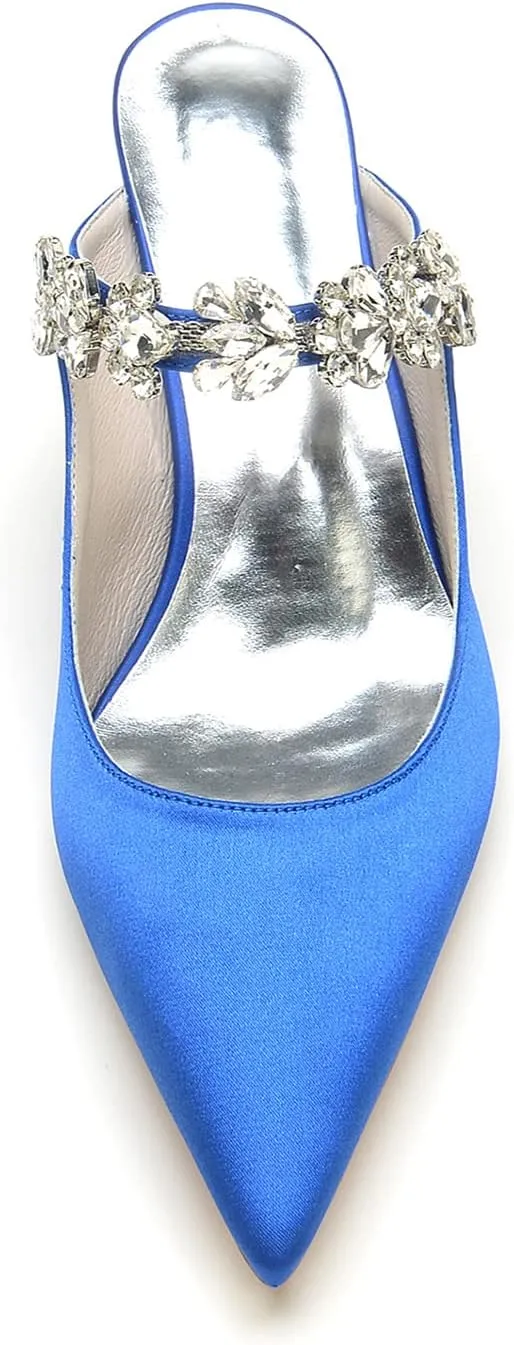 TNXZ Women Kitten Low Heel Pointed Toe Sandals Mules Shoes Satin Slingback Slip-on Pumps 2.5 Inches Heels Party Dress