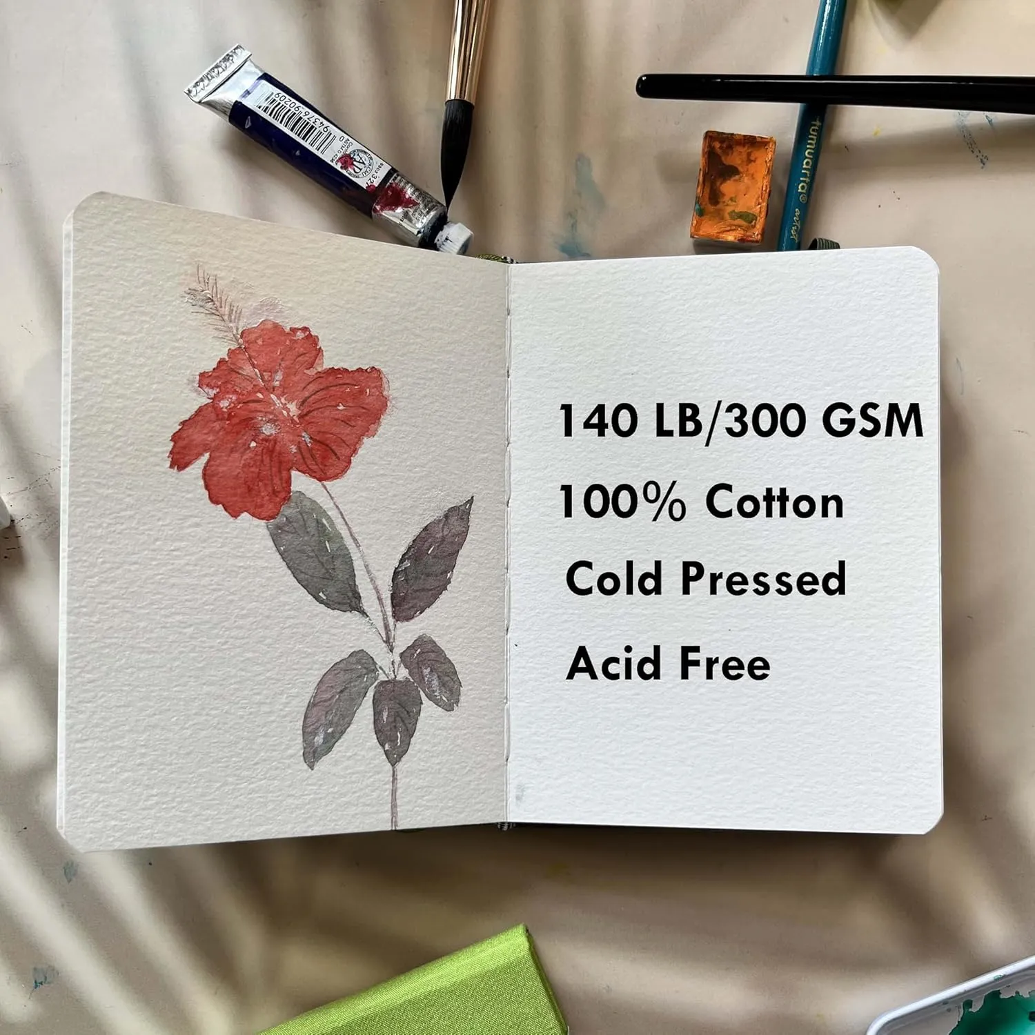 tumuarta Watercolor Sketchbook, 7.5x5, 140 LB, 300GSM, 100% Cotton Paper, Cold Press, 24 Sheets,48 Pages, Watercolor Journal for Use As Travel Sketch Book and Mixed Media Pad On The Go