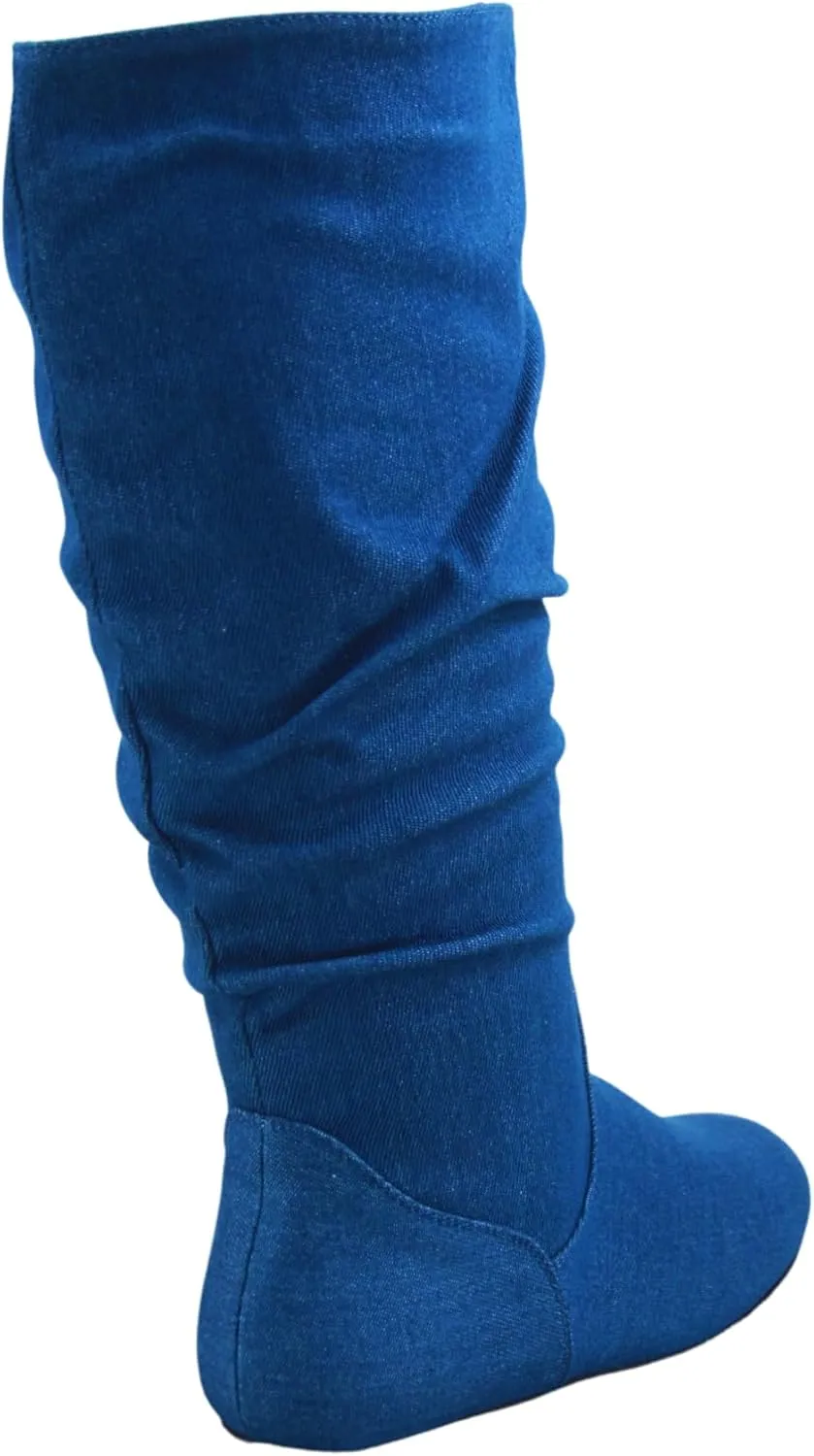 TZ Lily-01 Women's Pull Up Closed Round Toe Flat Heel Slouchy Mid-Calf Casual Boots