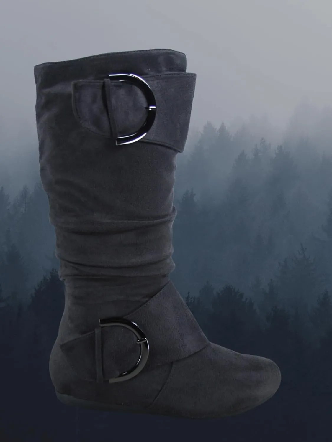 TZ Zone-38 Women's Closed Round Toe Flat Heel Buckle Slouchy Mid-Calf Casual Boots