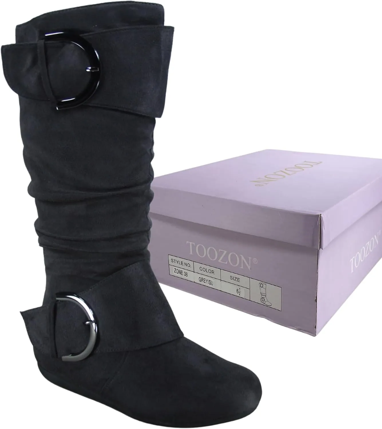 TZ Zone-38 Women's Closed Round Toe Flat Heel Buckle Slouchy Mid-Calf Casual Boots