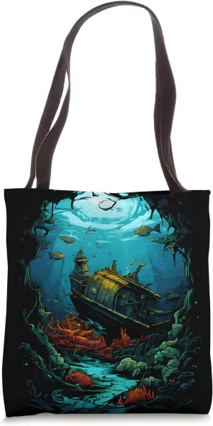 Underwater Shipwreck with diving Treasure Hunting diver Tote Bag