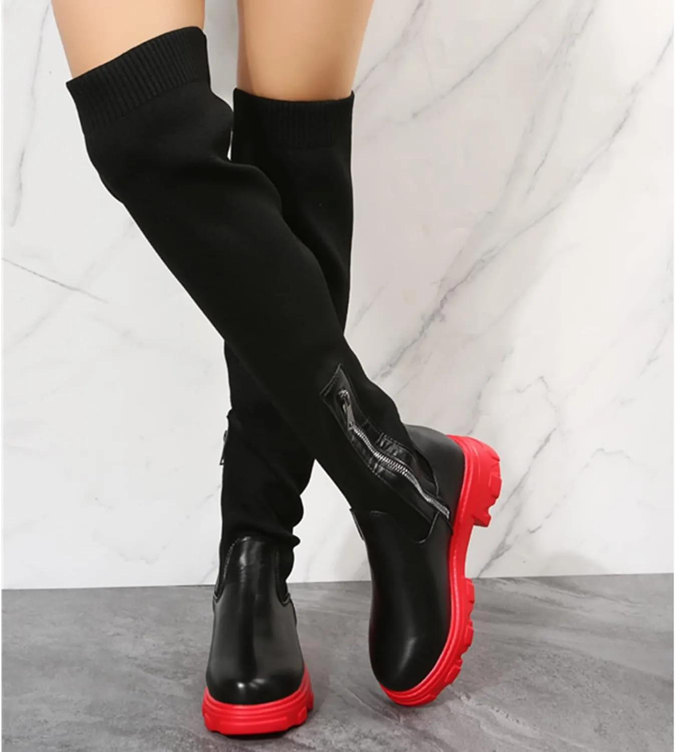 UOQAPRE Women's Over The Knee Thigh Low Chunky Heel Boots,Round-Toe Side Zip Long Boots Platform Chunky Heel Bootie for Women