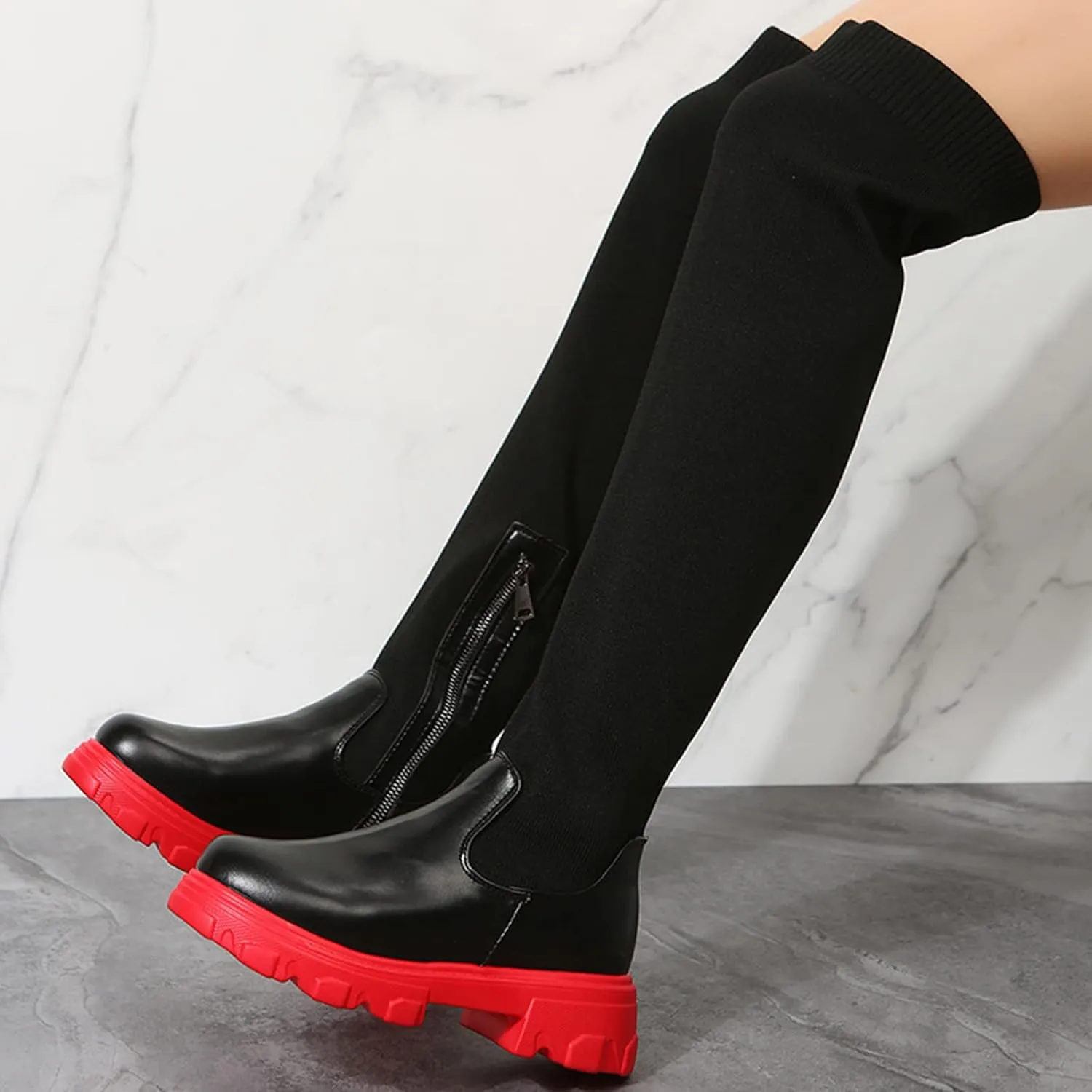 UOQAPRE Women's Over The Knee Thigh Low Chunky Heel Boots,Round-Toe Side Zip Long Boots Platform Chunky Heel Bootie for Women
