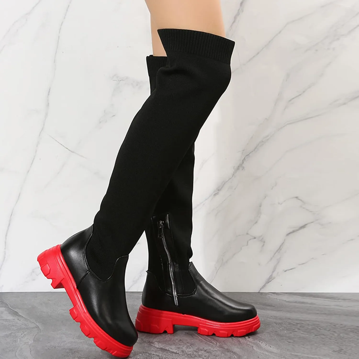 UOQAPRE Women's Over The Knee Thigh Low Chunky Heel Boots,Round-Toe Side Zip Long Boots Platform Chunky Heel Bootie for Women