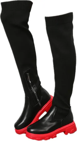 UOQAPRE Women's Over The Knee Thigh Low Chunky Heel Boots,Round-Toe Side Zip Long Boots Platform Chunky Heel Bootie for Women