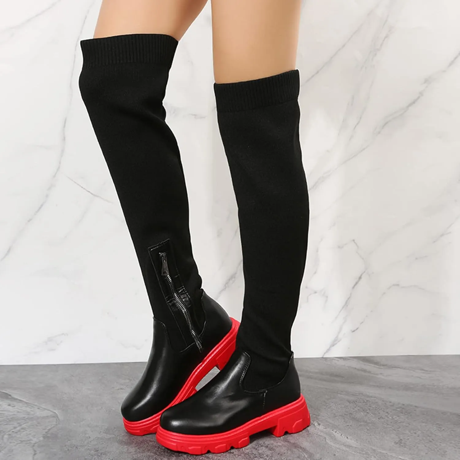 UOQAPRE Women's Over The Knee Thigh Low Chunky Heel Boots,Round-Toe Side Zip Long Boots Platform Chunky Heel Bootie for Women